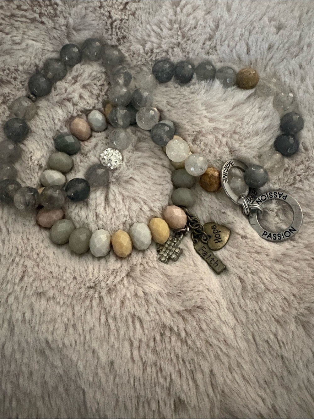 Beaded Multi-Tone Charm Bracelet Set - Gray, Beige & Gold Accents